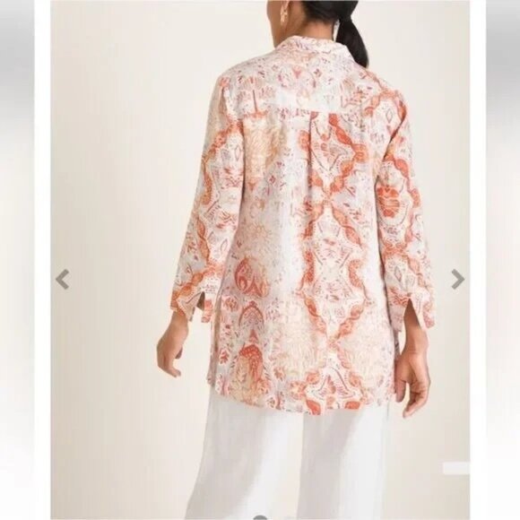 Chicos Womens Large Medallion Print Tunic Top 100% Linen 3/4 Sleeve Shirt Blouse - Picture 4 of 13